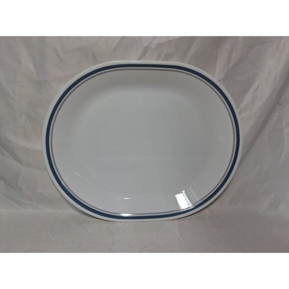 Vtg Corelle SERVING PLATTER Indigo Gray Blue Trim 10"x 12.25 OVAL Oblong Plate - Picture 1 of 4